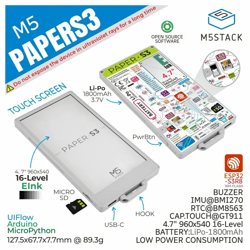 M5PaperS3 ESP32S3 Development Kit (960x540, 4.7" eInk Display, 235 ppi)