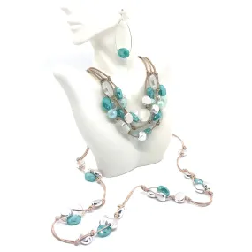 Matte White Crystal, Aqua Agate And Aqua Velvet Crystal With Matte Silver Nugget 3 Strand Torsade Style Natural Linen And Putty Leather Necklace.