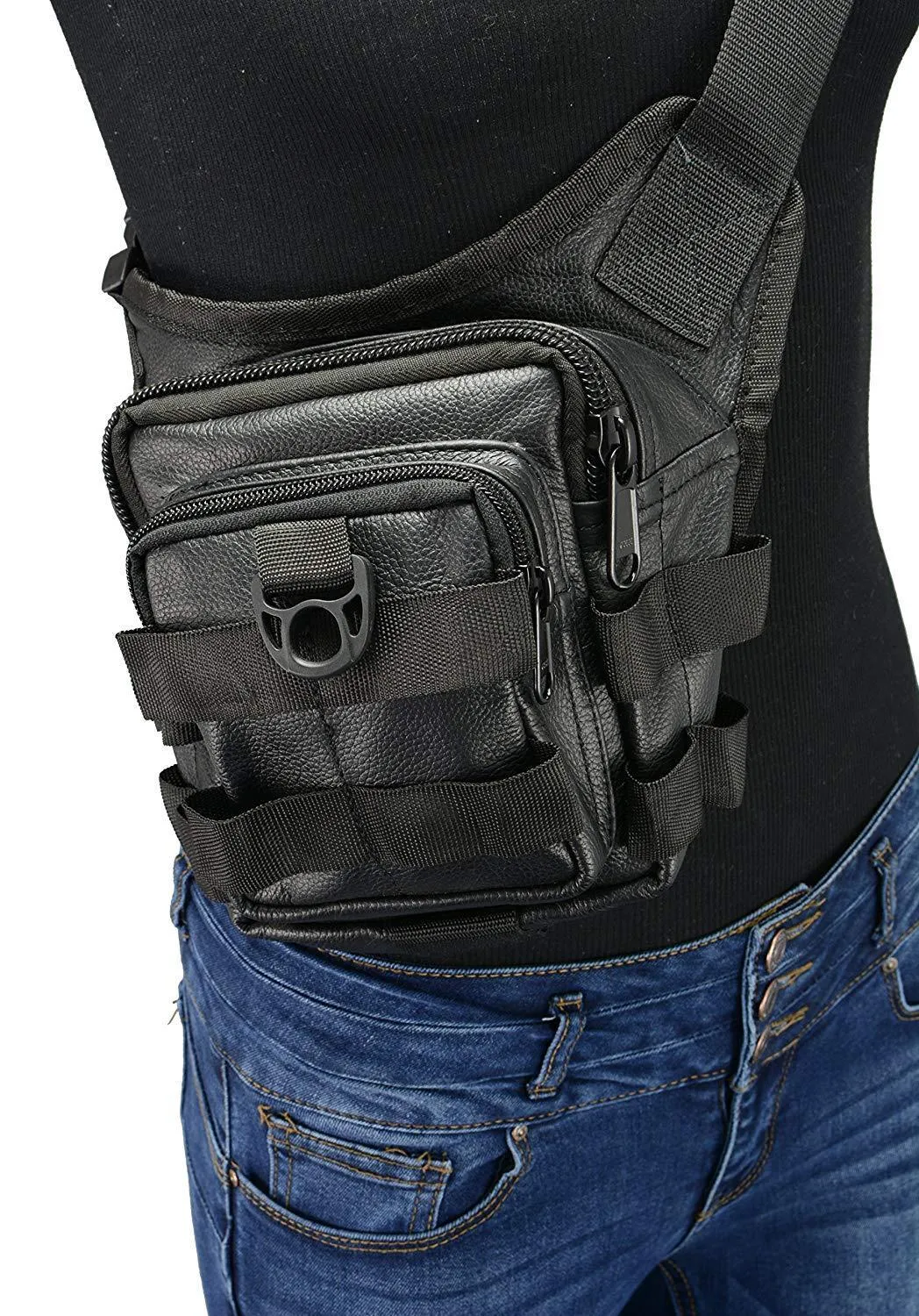 Milwaukee Leather-MP8840-6X8X4 Conceal & Carry Black Leather Tactical Thigh Bag w/ Waist Belt