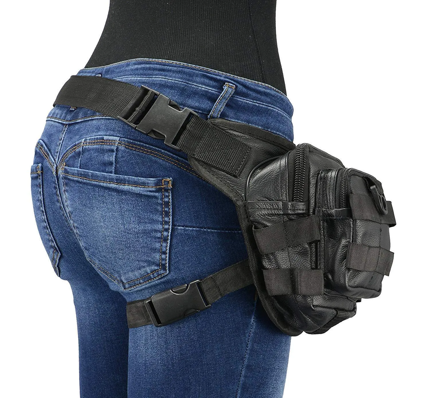 Milwaukee Leather-MP8840-6X8X4 Conceal & Carry Black Leather Tactical Thigh Bag w/ Waist Belt