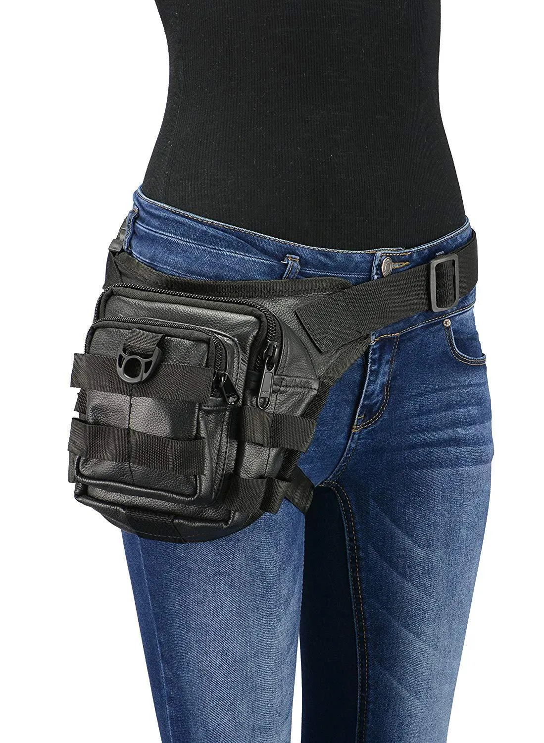 Milwaukee Leather-MP8840-6X8X4 Conceal & Carry Black Leather Tactical Thigh Bag w/ Waist Belt