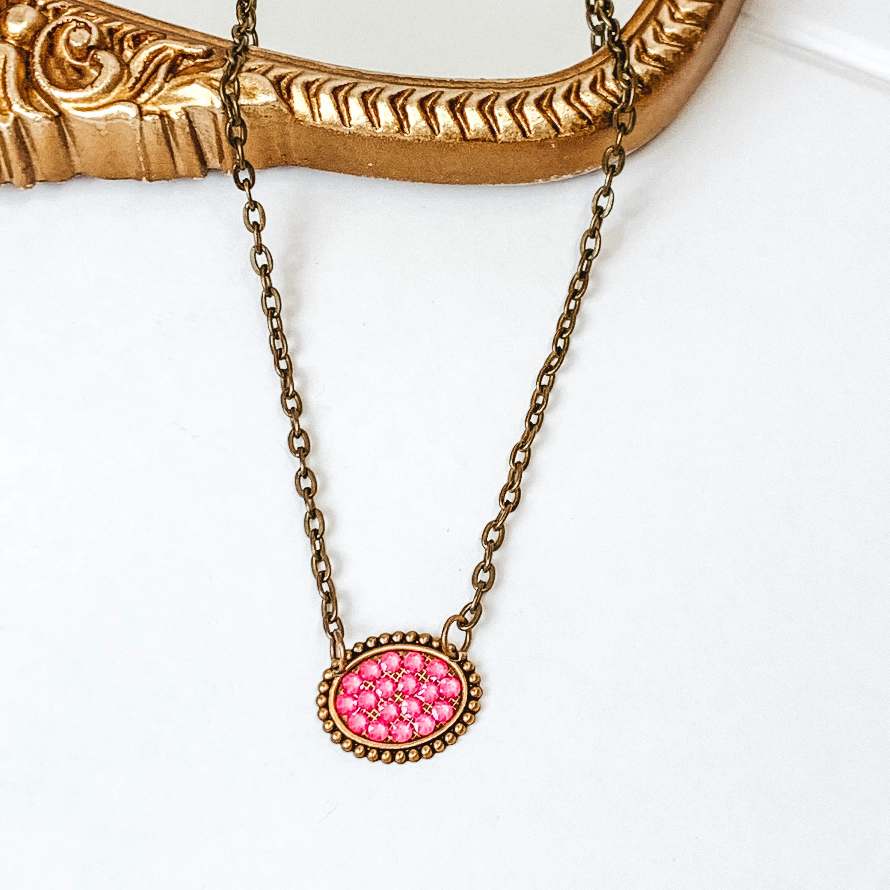 Pink Panache | Mini Bronze Oval Necklace with Pink Lotus Delight Crystals