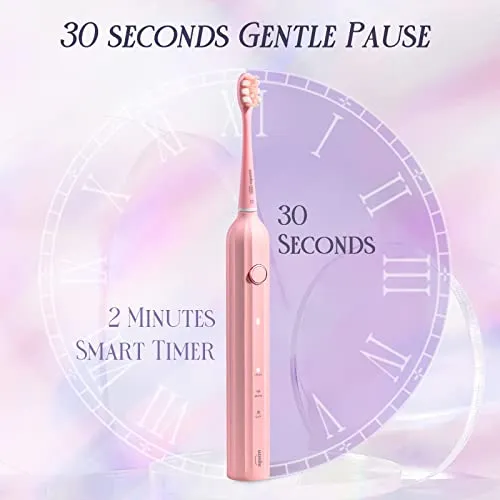 Pink Rechargeable Electric Sonic Toothbrush w/Smart Timer, Whitening Brush & Travel Case