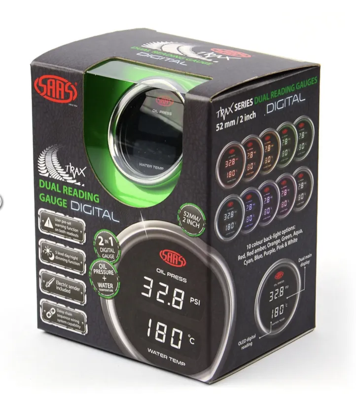 Saas 52mm 2 Inch Car Dual Oil Pressure Gauge 0-140PSI Water Temperature 40°-120° TRAX SG913020