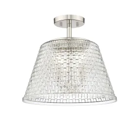 Saben Semi-Flush Mount Fixture - Polished Nickel - Clear Woven Lattice Glass - 15in. Diameter - E12 Candelabra Base