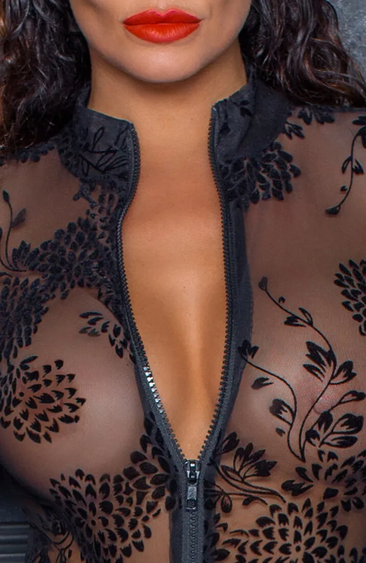 Sheer black catsuit with flock embroidery - Toxic