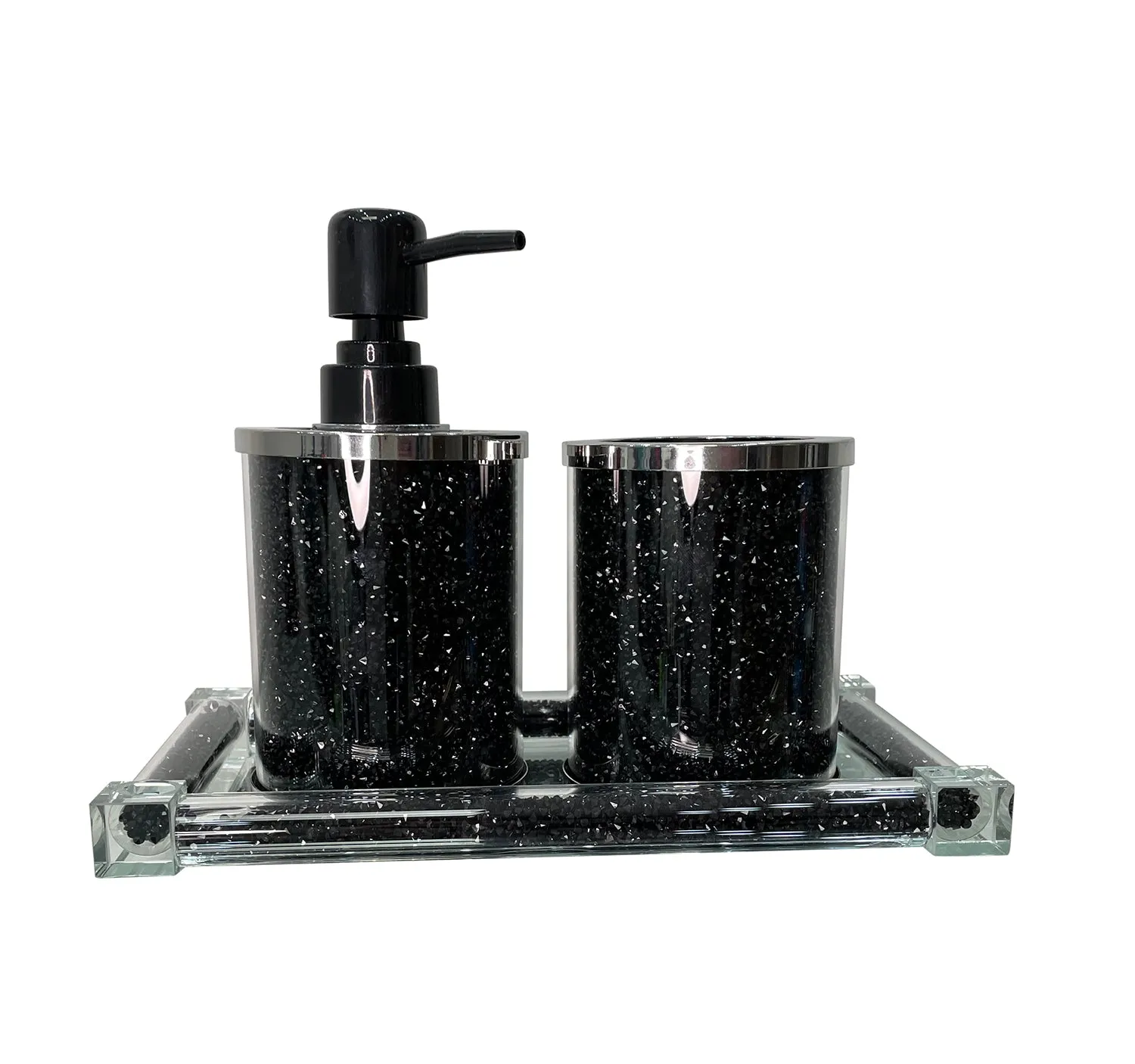 Soap Dispenser and Toothbrush Holder with Tray, Black Crushed Diamond Glass