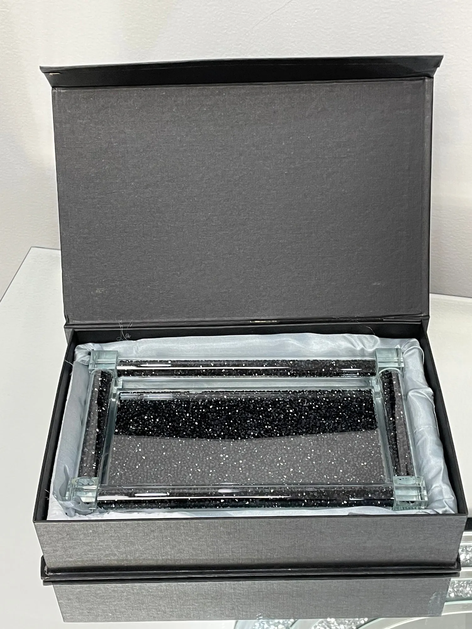 Soap Dispenser and Toothbrush Holder with Tray, Black Crushed Diamond Glass