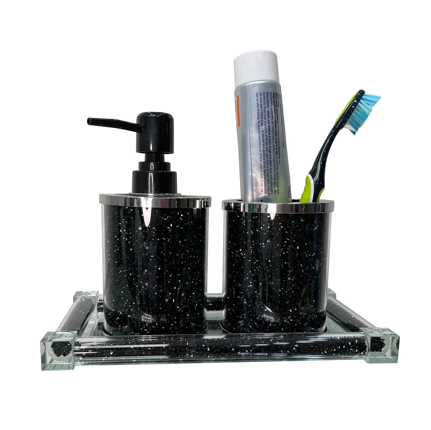 Soap Dispenser and Toothbrush Holder with Tray, Black Crushed Diamond Glass