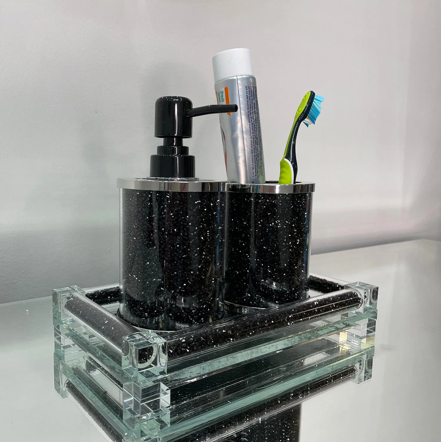 Soap Dispenser and Toothbrush Holder with Tray, Black Crushed Diamond Glass