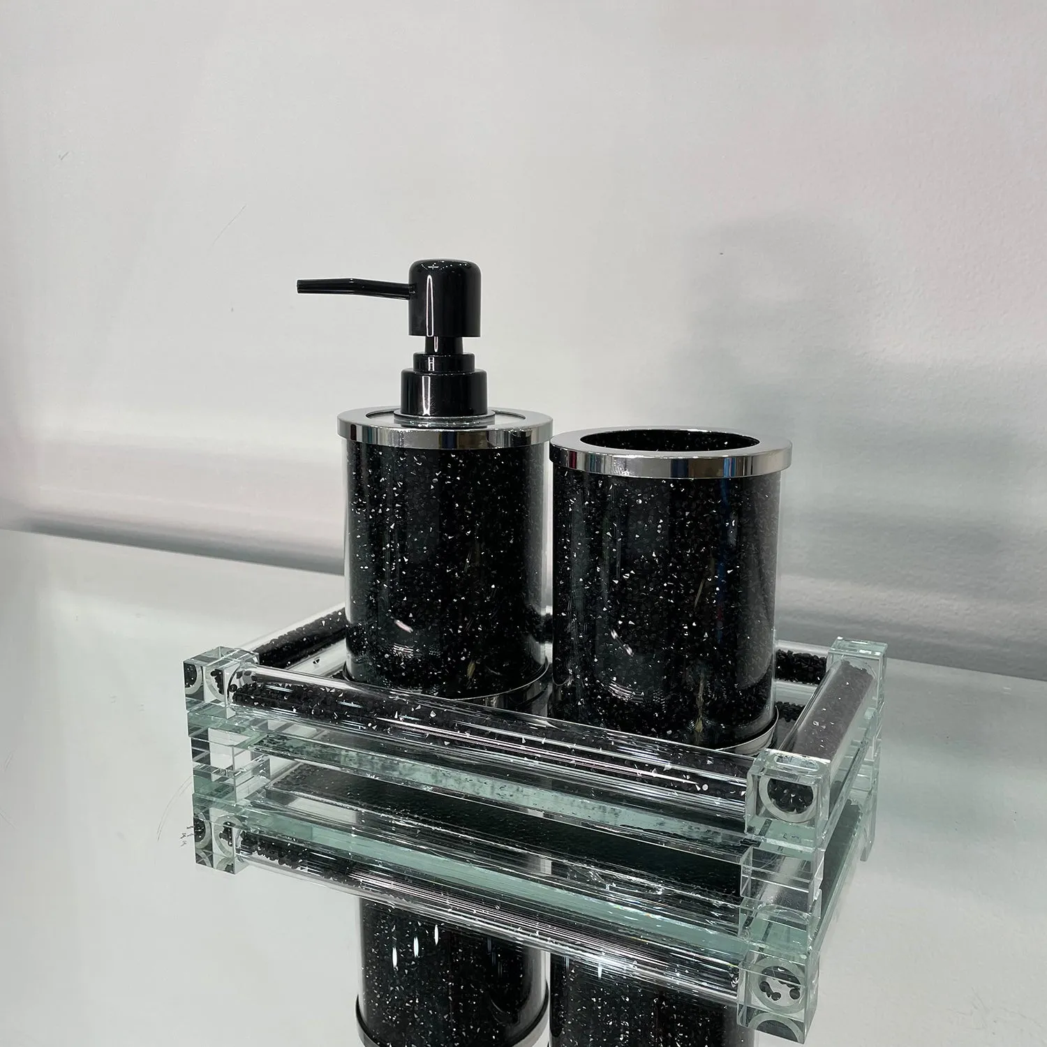 Soap Dispenser and Toothbrush Holder with Tray, Black Crushed Diamond Glass