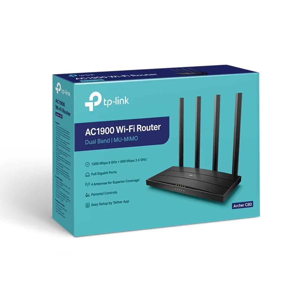 TP-Link Archer C80 AC1900 Dual Band Gigabit MU-MIMO Wi-Fi Router with 1300Mbps at 5GHz, 600Mbps at 2.4GHz 802.11ac Wave2, 4 Gigabit LAN Ports, Access Point Mode, IPv6 Ready, Beamforming, OneMesh, IPTV, Cloud Supported