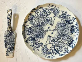 Vintage English Staffordshire Blue Transferware Cake Plate / Platter & Spatula Pastry or Pie Server