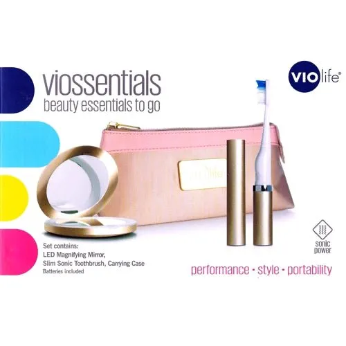 Viossentials Toothbrush Travel Kit (Rose Gold) Includes LED Mirror, Slim Sonic Toothbrush & Carrying Case